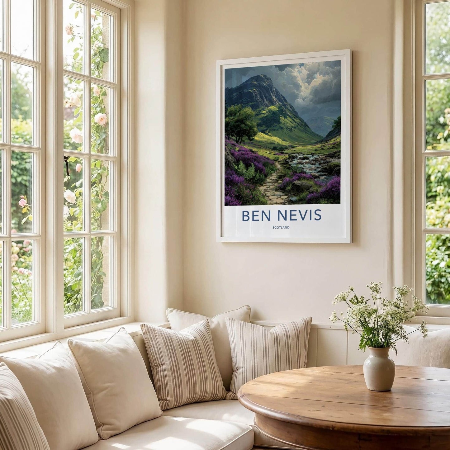 Ben Nevis Poster - Scotland Travel Art - Heather Path Stream Wall Decor