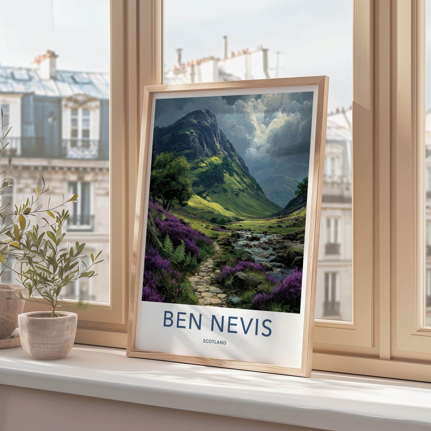 Ben Nevis Poster - Scotland Travel Art - Heather Path Stream Wall Decor