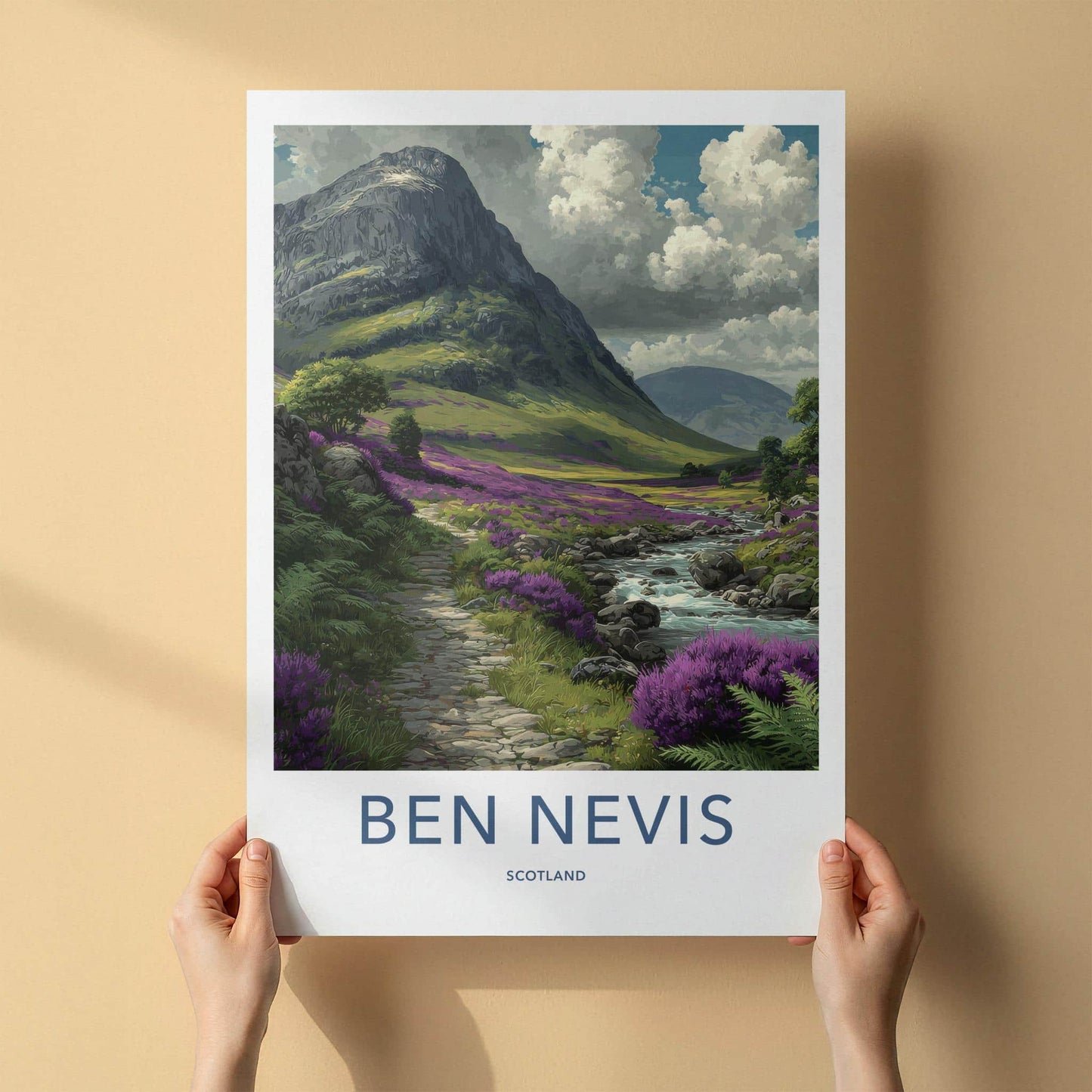 Ben Nevis Poster - Scotland Travel Art - Mountain Path Heather Wall Decor