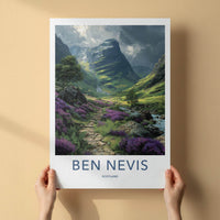 Ben Nevis Poster - Scotland Travel Art - Sunlit Heather Valley Wall Decor