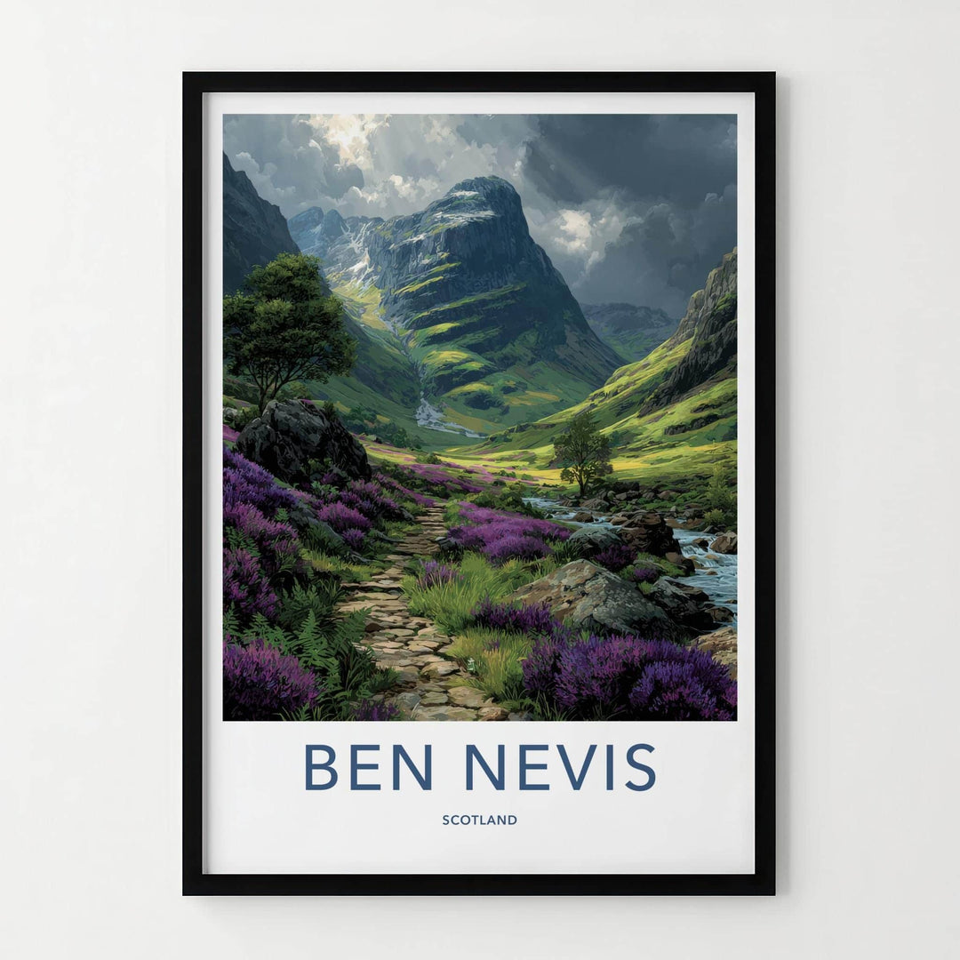 Ben Nevis Poster - Scotland Travel Art - Sunlit Heather Valley Wall Decor