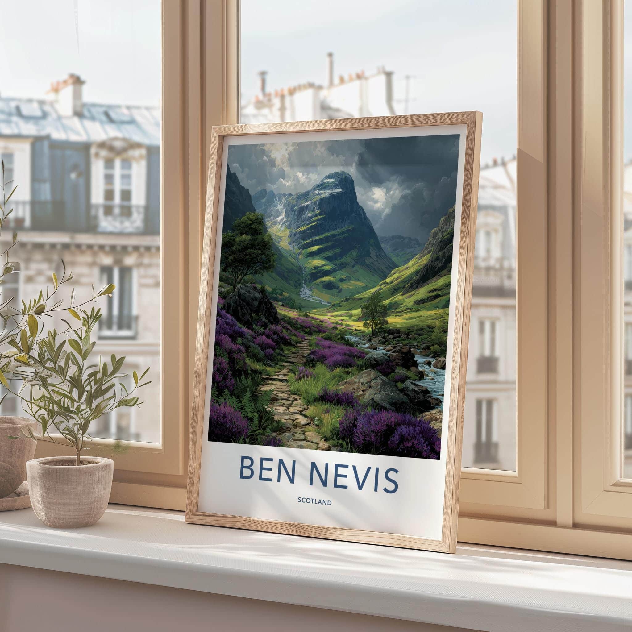 Ben Nevis Poster - Scotland Travel Art - Sunlit Heather Valley Wall Decor