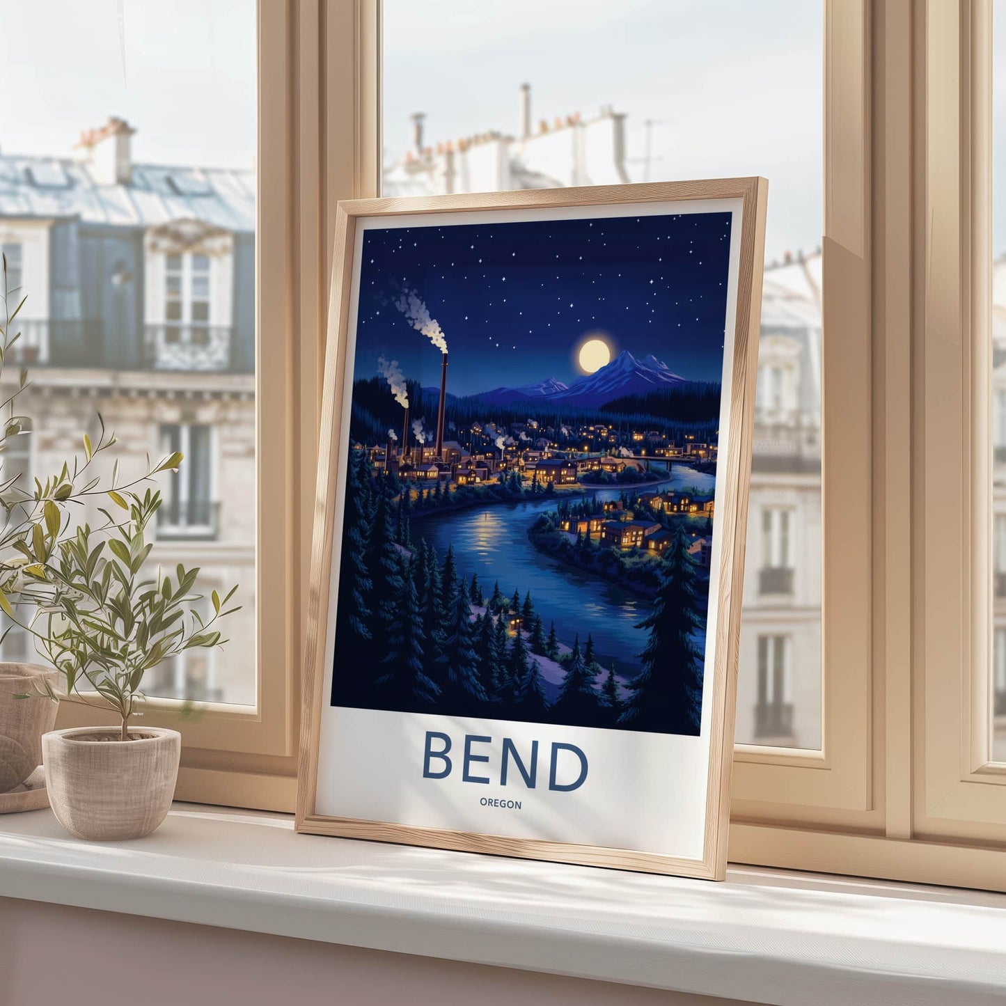 Bend Poster - Oregon Framed Art - Moonlit River Town Gallery Art