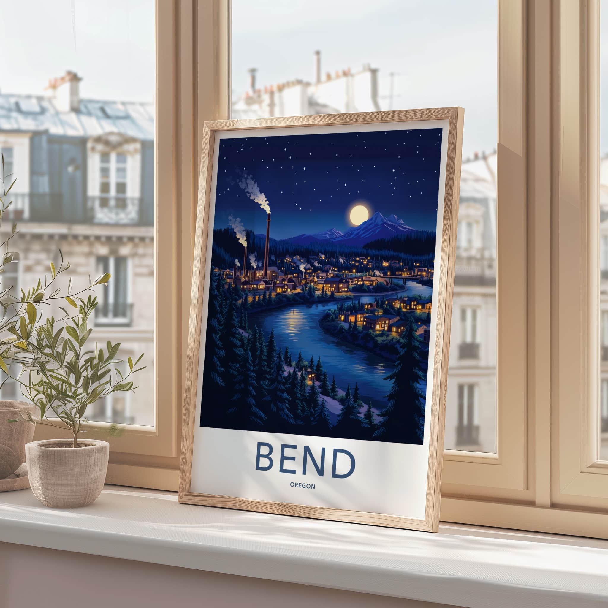 Bend Poster - Oregon Framed Art - Moonlit River Town Gallery Art