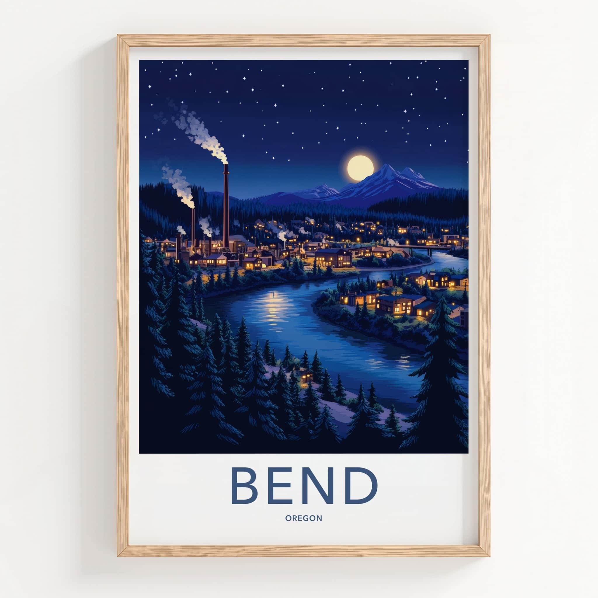 Bend Poster - Oregon Framed Art - Moonlit River Town Gallery Art