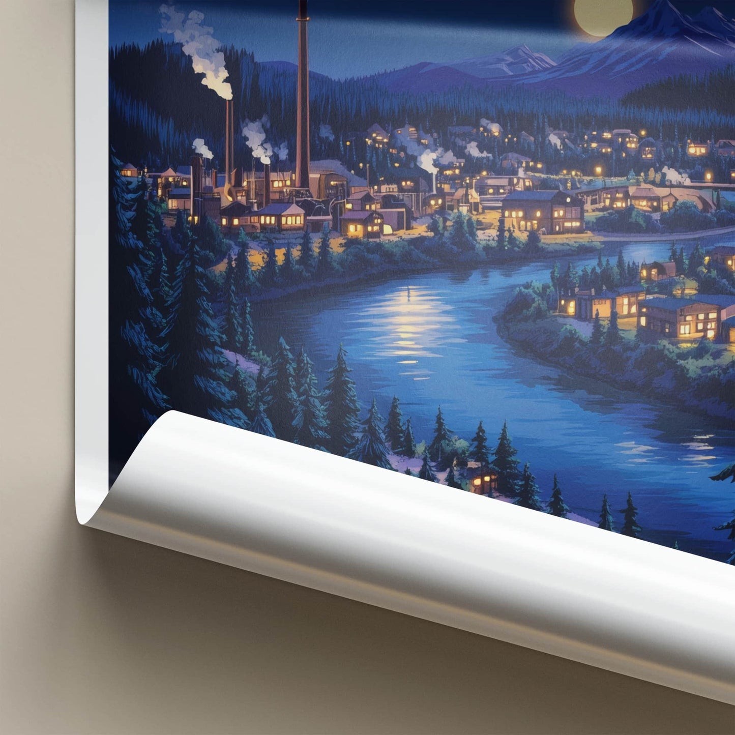 Bend Poster - Oregon Framed Art - Moonlit River Town Gallery Art