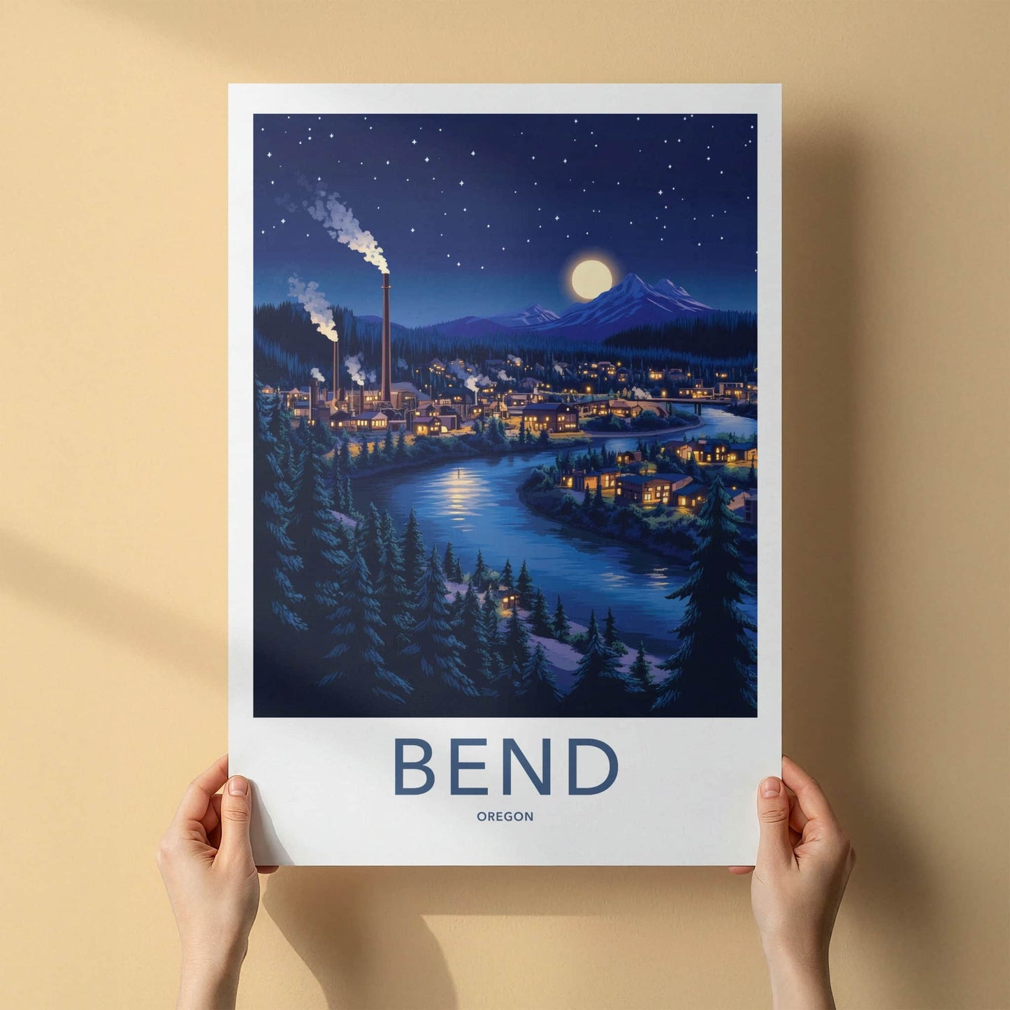 Bend Poster - Oregon Framed Art - Moonlit River Town Gallery Art
