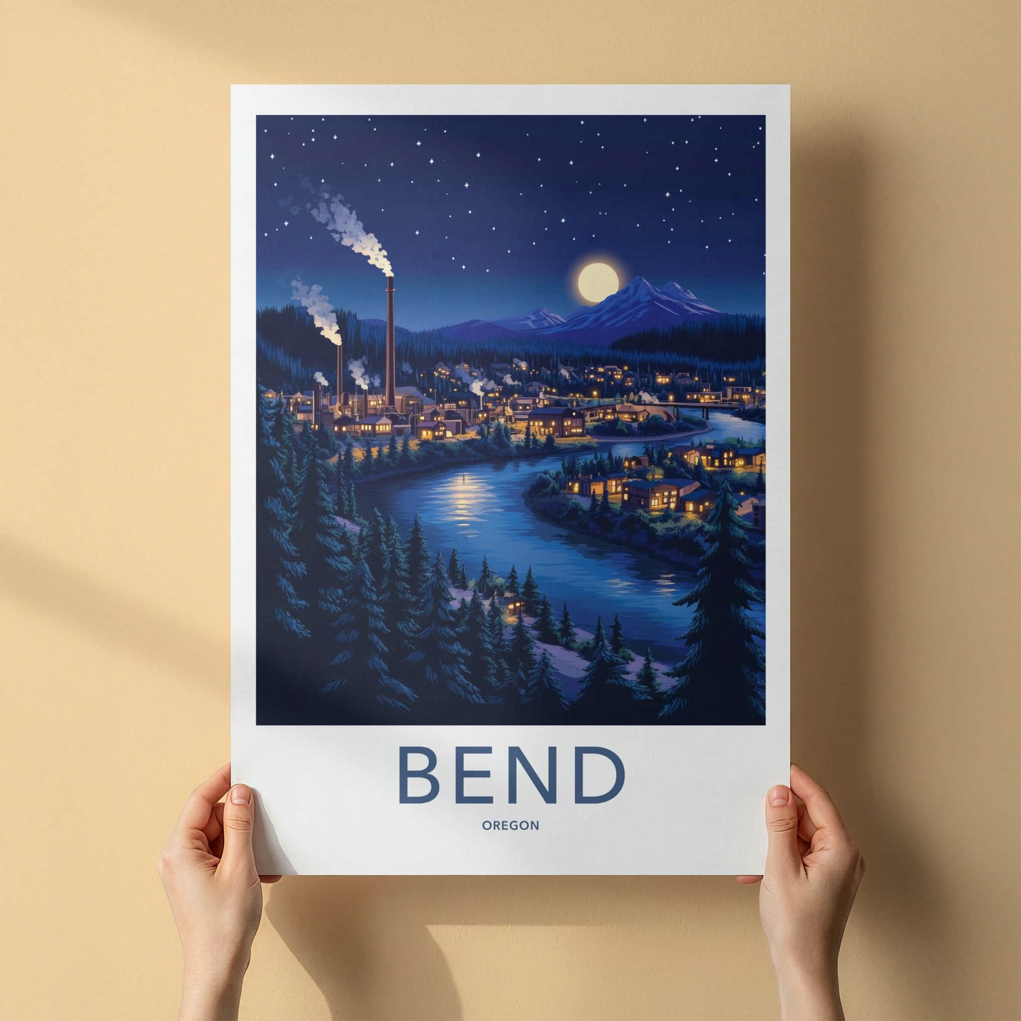 Bend Poster - Oregon Framed Art - Moonlit River Town Gallery Art