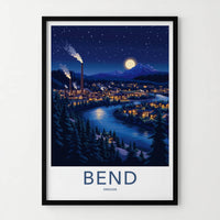 Bend Poster - Oregon Framed Art - Moonlit River Town Gallery Art