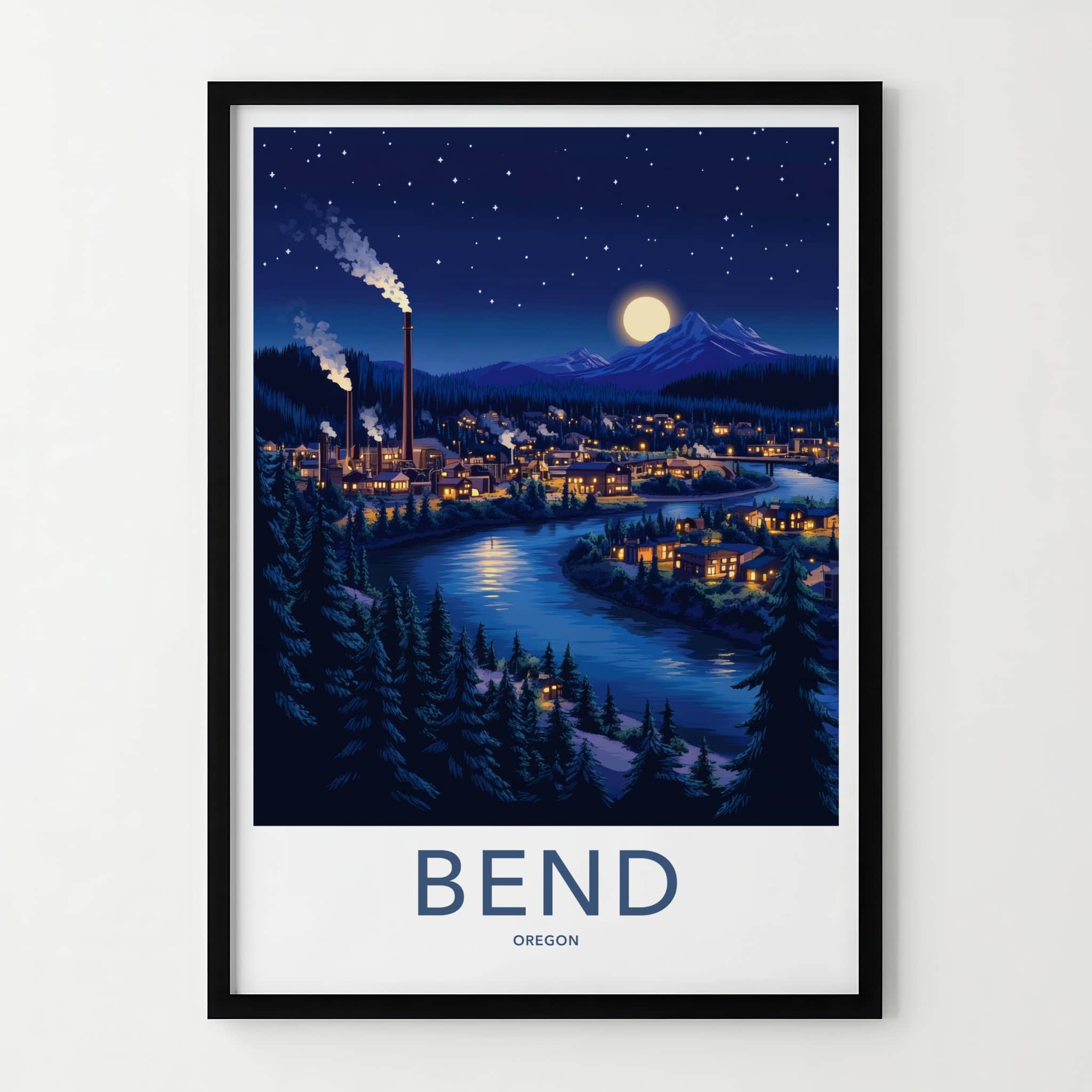 Bend Poster - Oregon Framed Art - Moonlit River Town Gallery Art