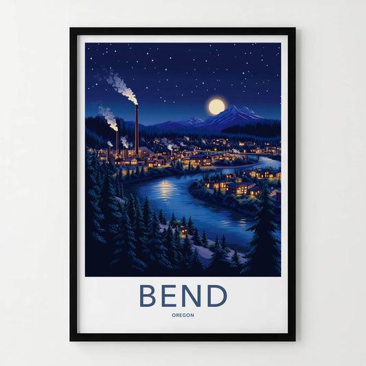 Bend Poster - Oregon Framed Art - Moonlit River Town Gallery Art