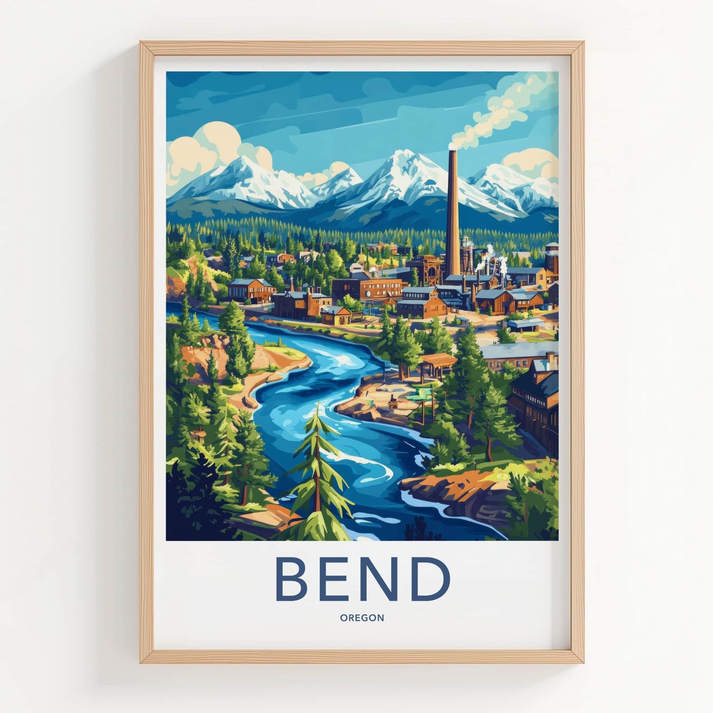 Bend Poster - Oregon Travel Print - Mountain River Town Lounge Decor