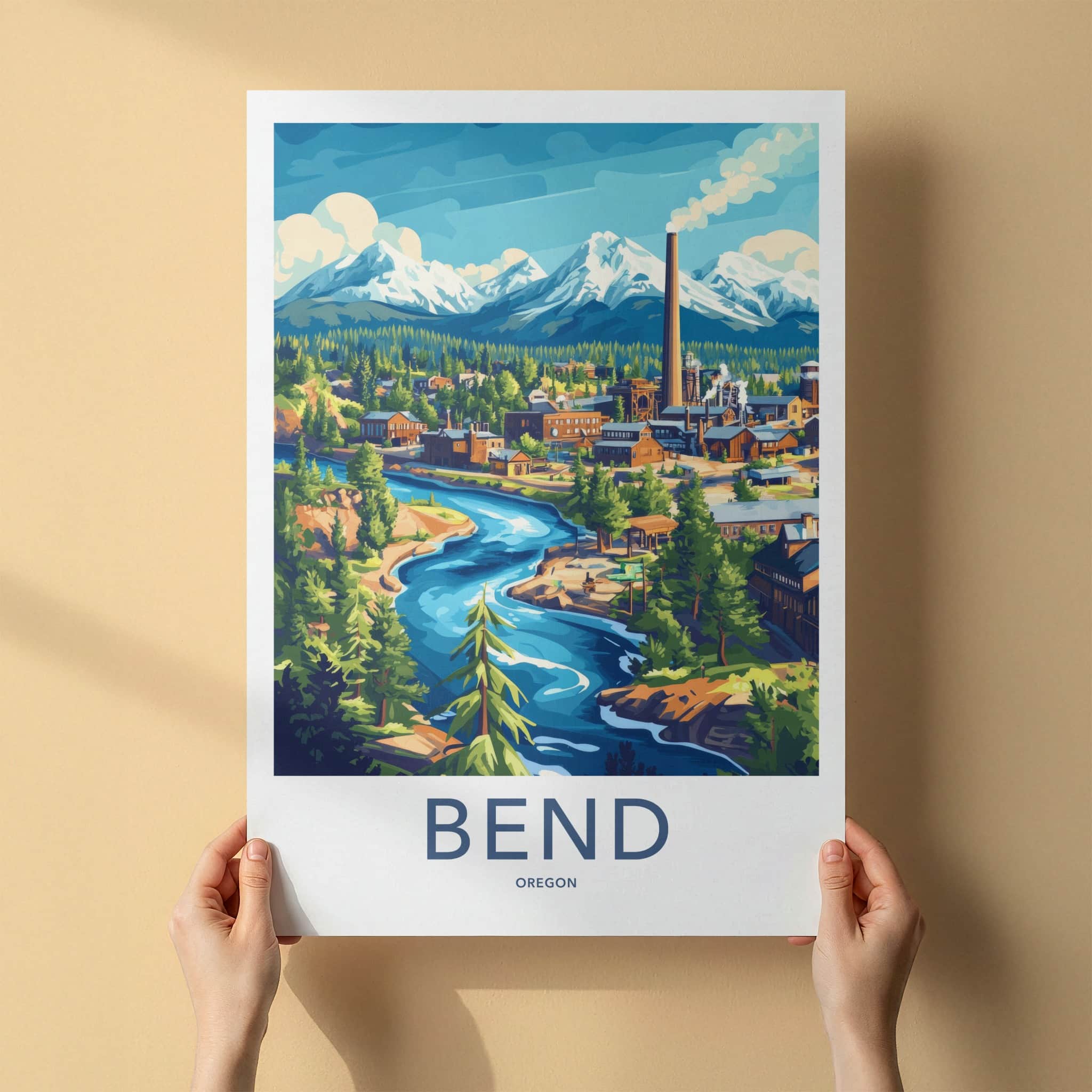 Bend Poster - Oregon Travel Print - Mountain River Town Lounge Decor