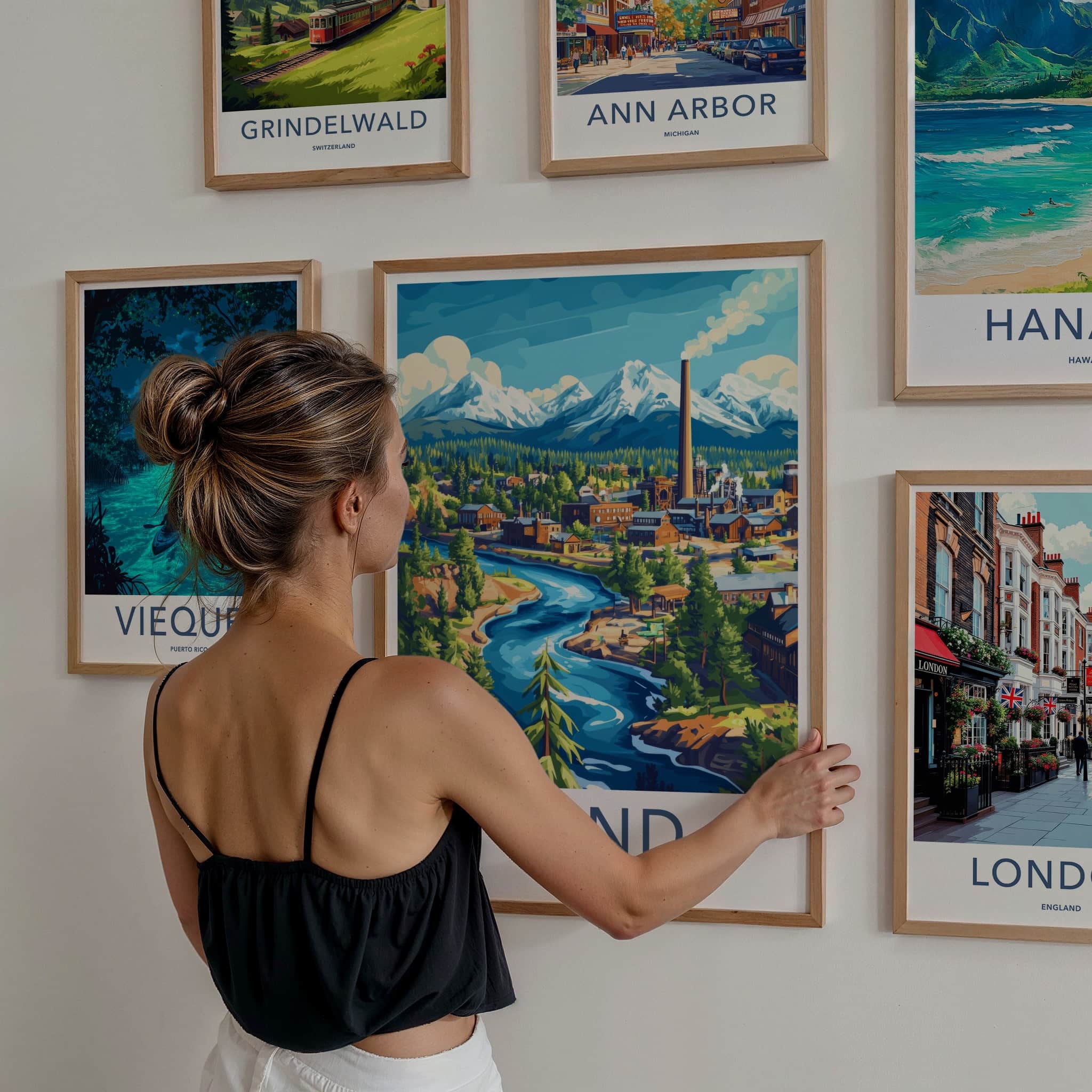 Bend Poster - Oregon Travel Print - Mountain River Town Lounge Decor
