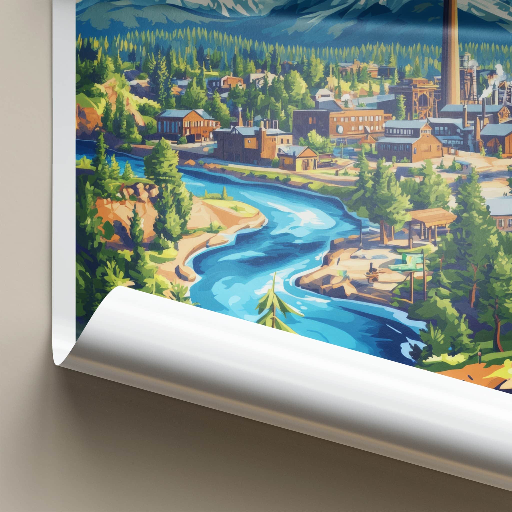 Bend Poster - Oregon Travel Print - Mountain River Town Lounge Decor