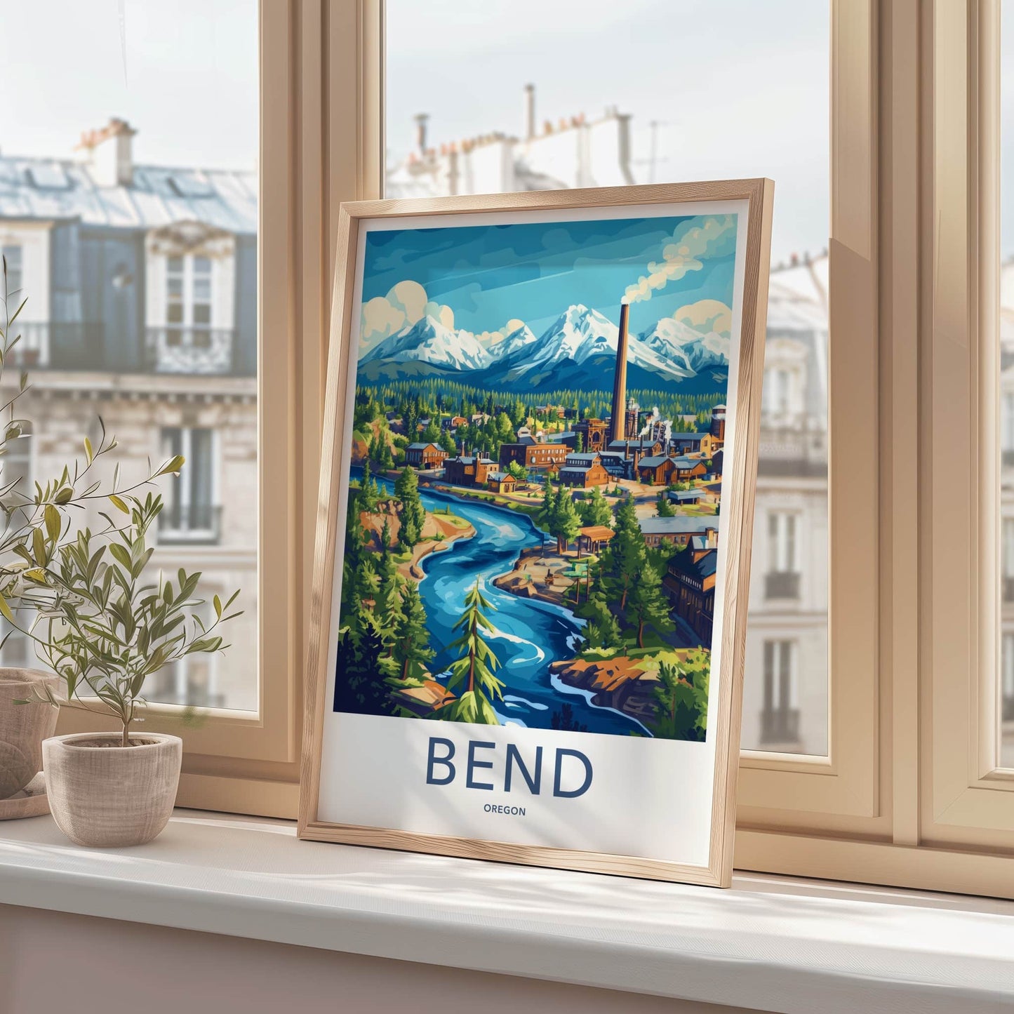 Bend Poster - Oregon Travel Print - Mountain River Town Lounge Decor