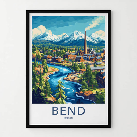 Bend Poster - Oregon Travel Print - Mountain River Town Lounge Decor