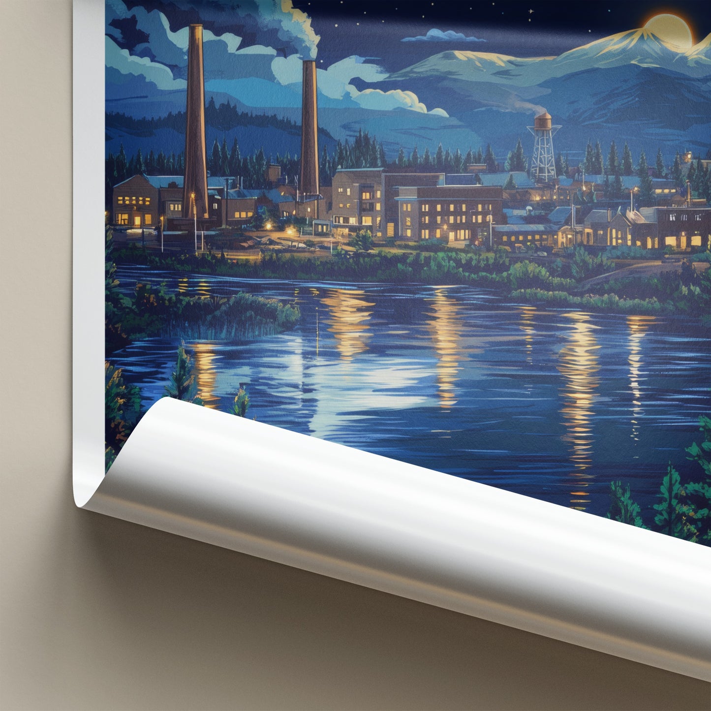 Bend Poster - Oregon Wall Art - Moonlit Industrial Town Home Decor
