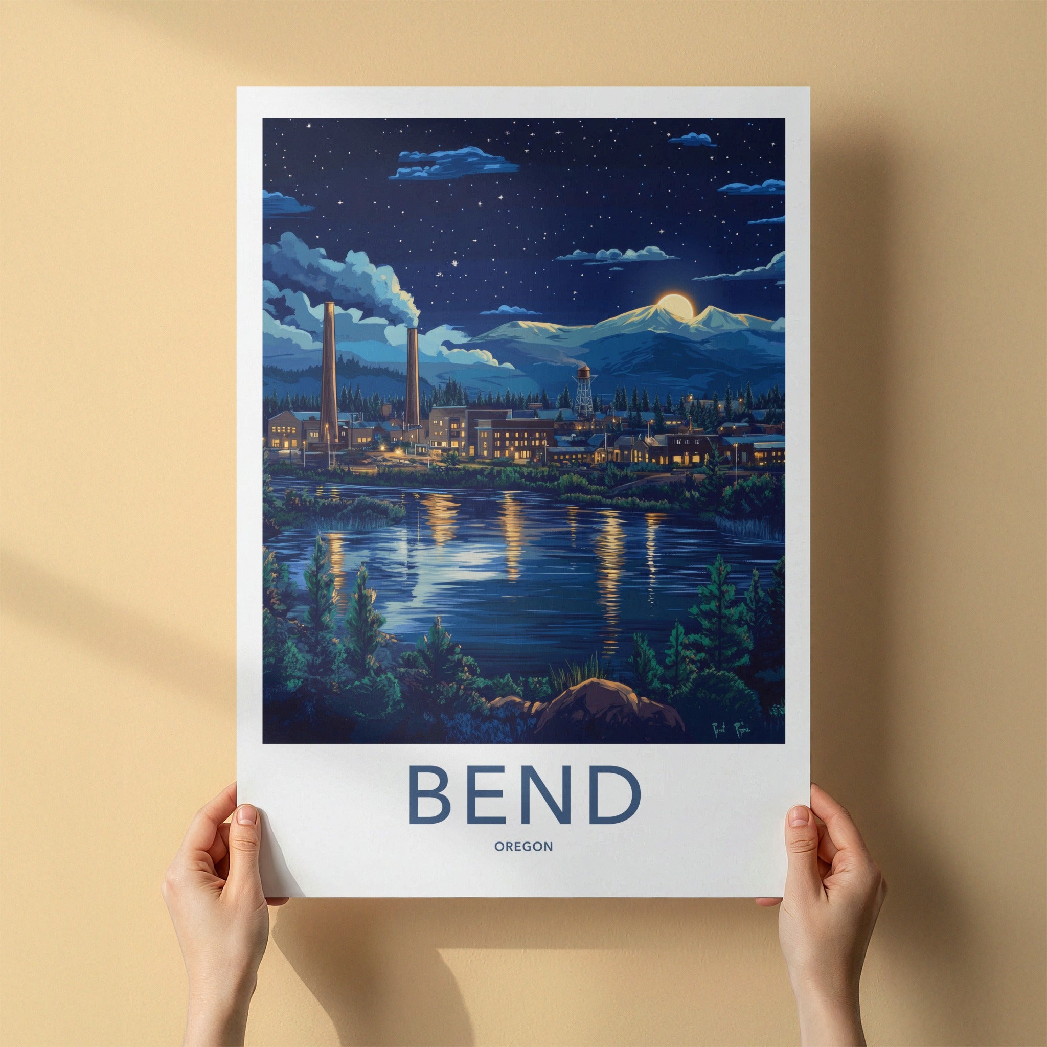 Bend Poster - Oregon Wall Art - Moonlit Industrial Town Home Decor