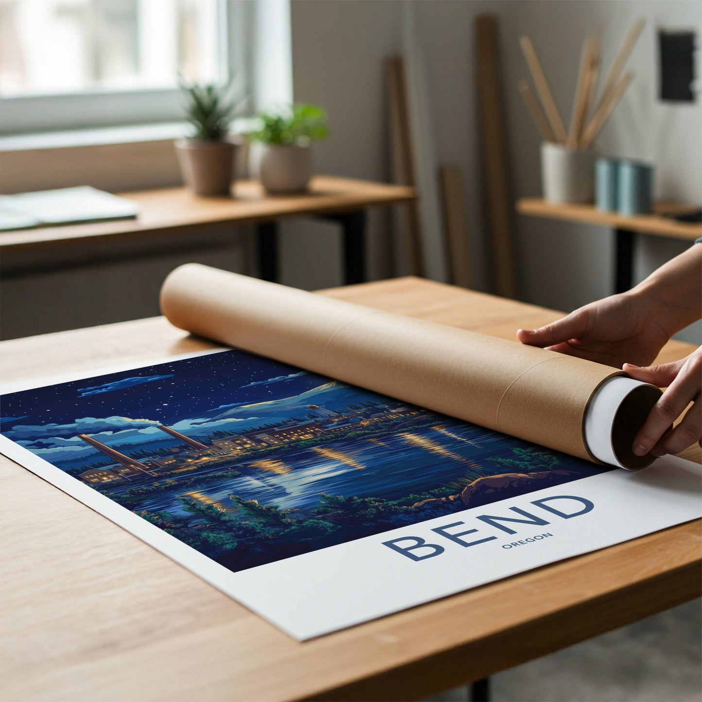Bend Poster - Oregon Wall Art - Moonlit Industrial Town Home Decor