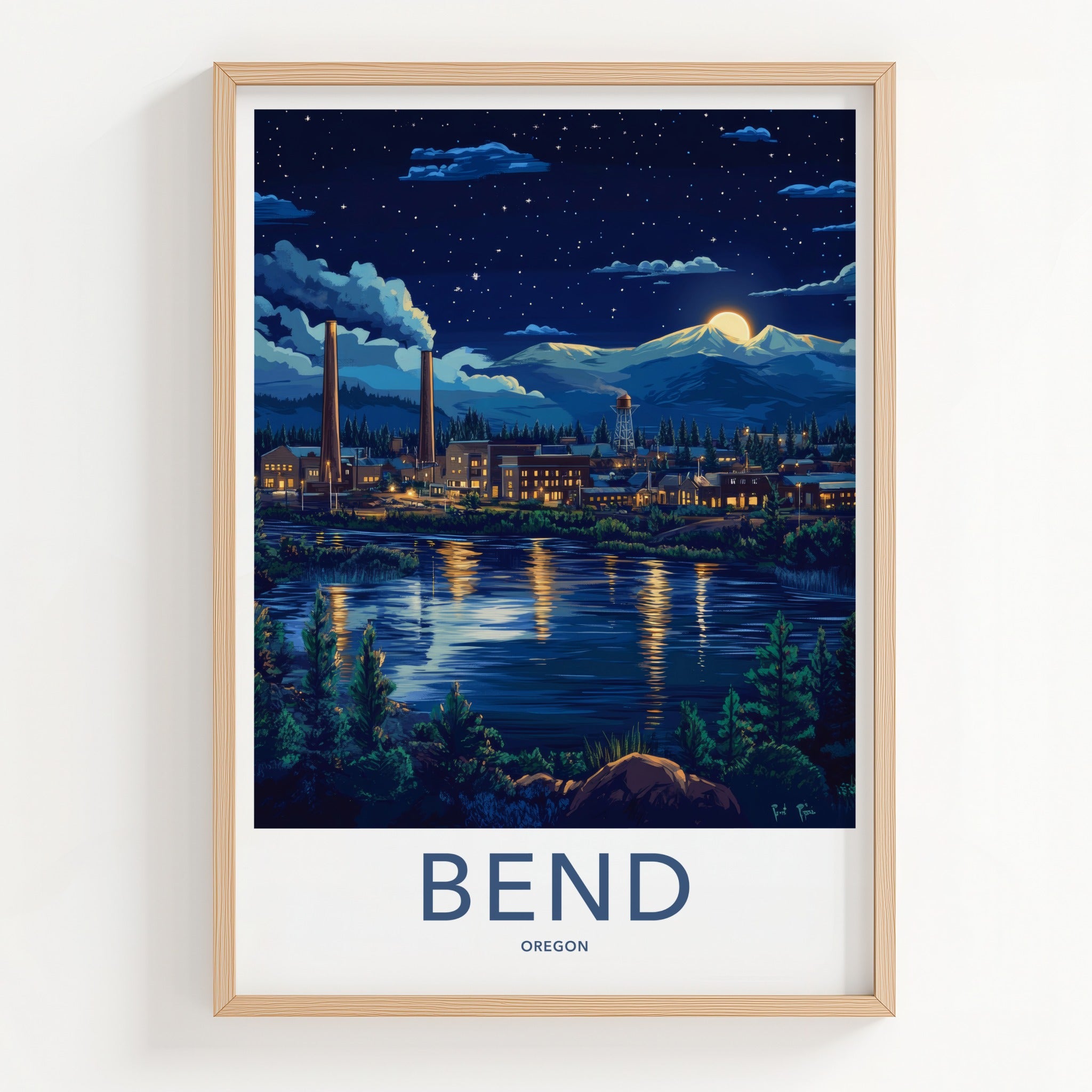 Bend Poster - Oregon Wall Art - Moonlit Industrial Town Home Decor