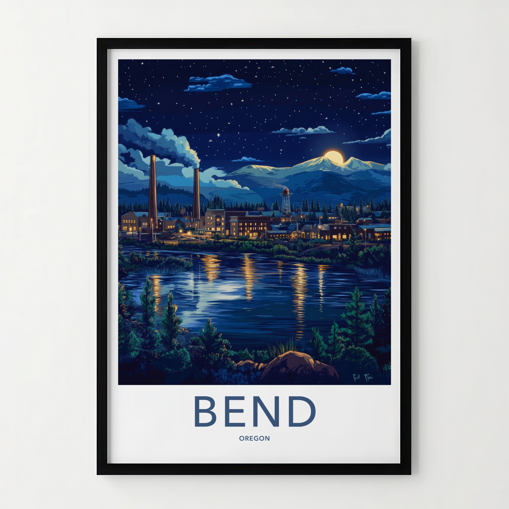 Bend Poster - Oregon Wall Art - Moonlit Industrial Town Home Decor