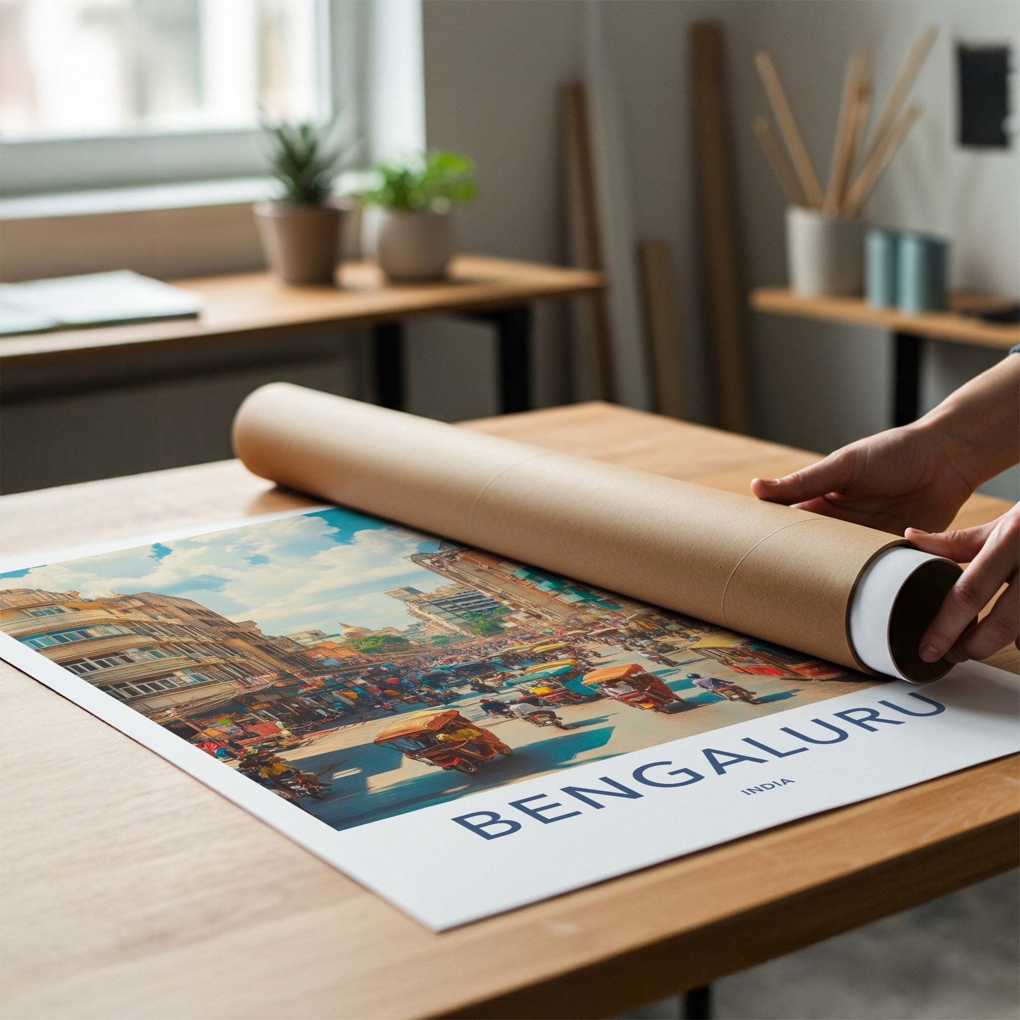 Bengaluru Poster - India Travel Art - Karnataka Busy Street Home Decor