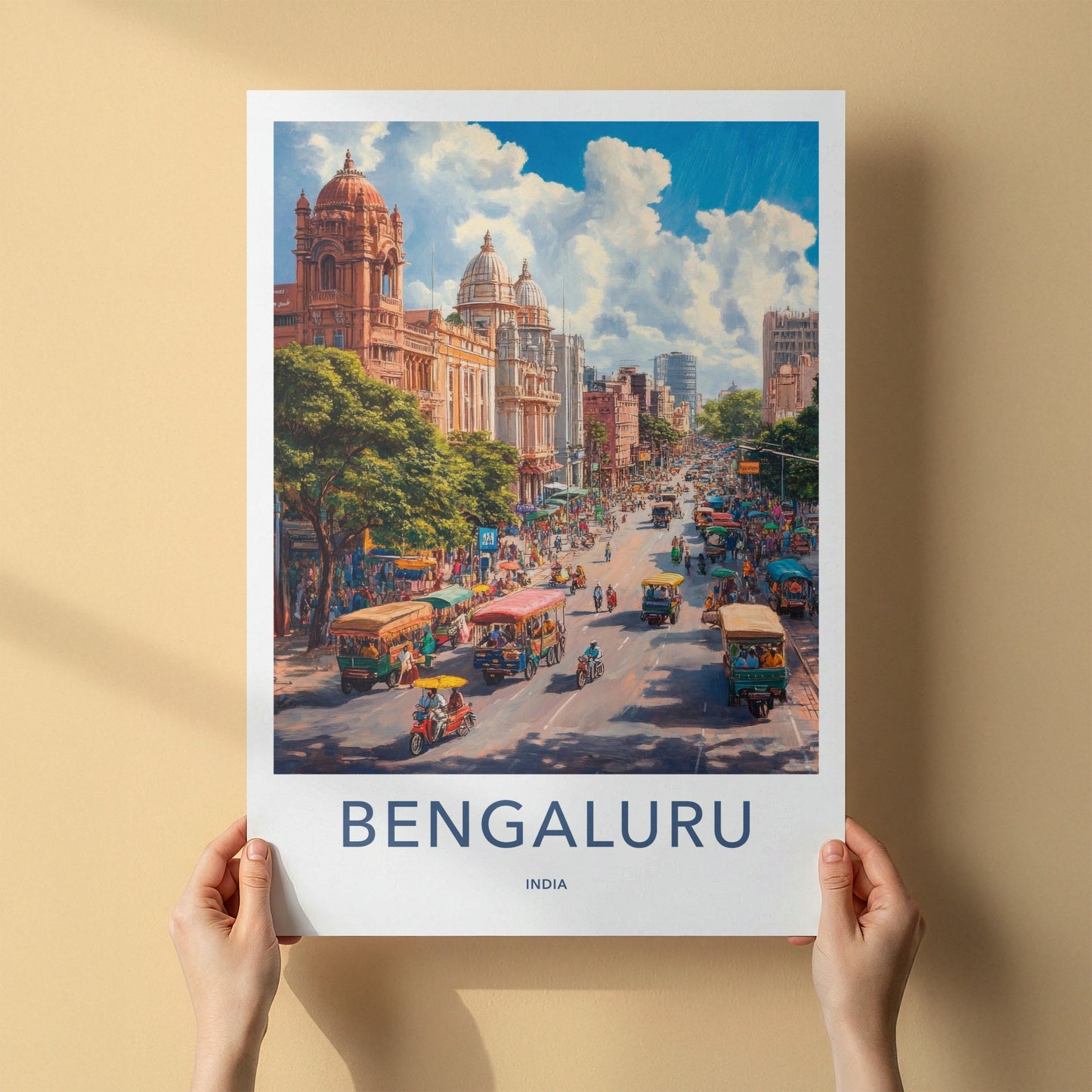 Bengaluru Poster - India Travel Art - Karnataka Busy Street Life Home Decor
