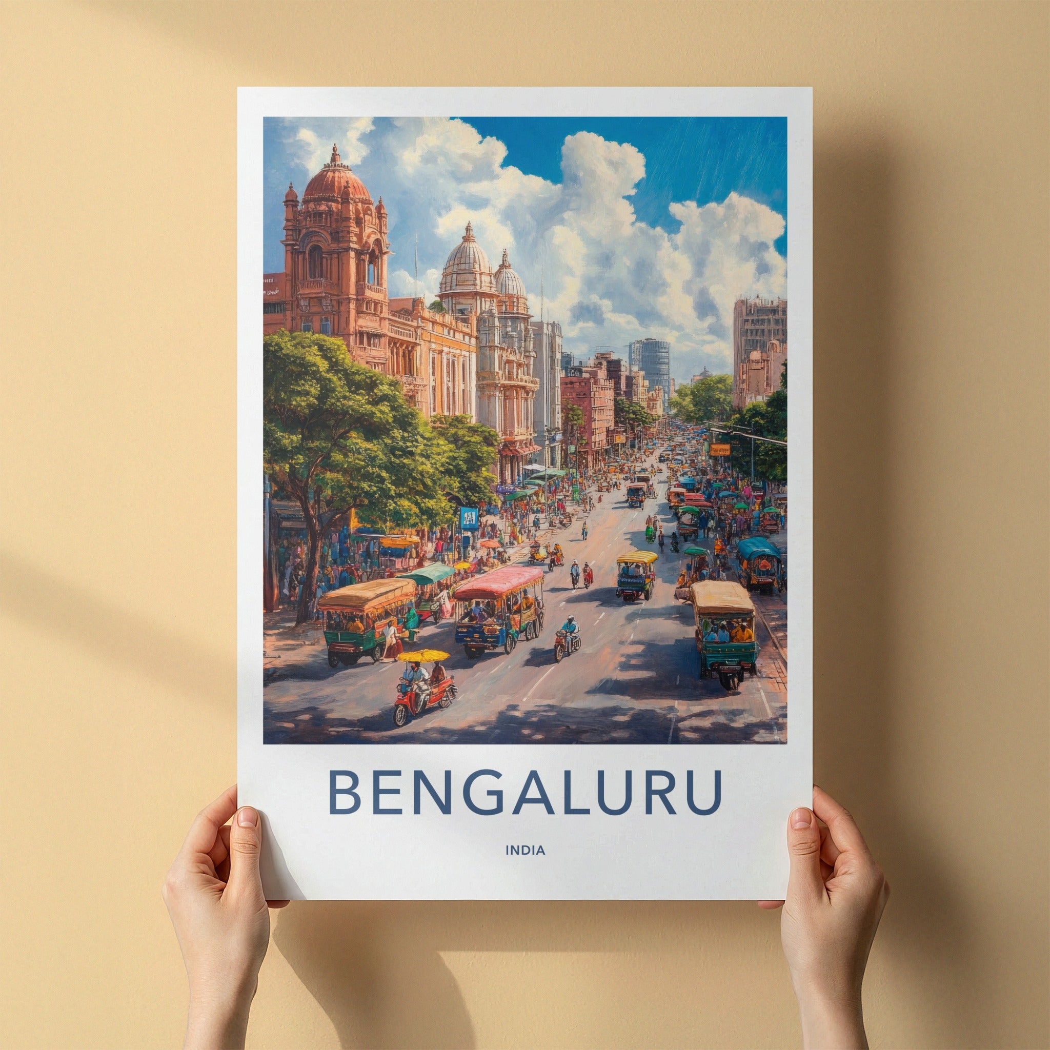 Bengaluru Poster - India Travel Art - Karnataka Busy Street Life Home Decor