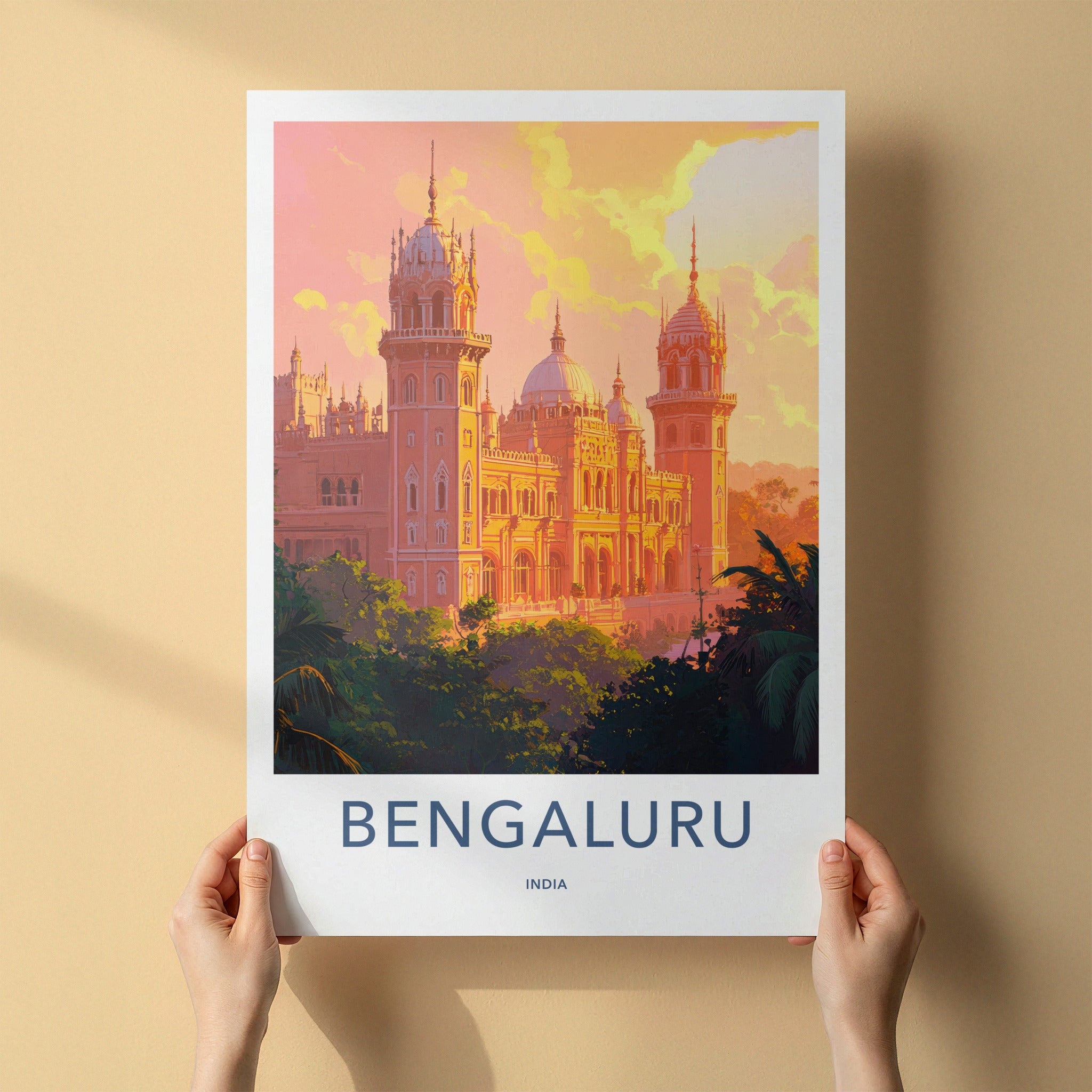 Bengaluru Poster - India Travel Art - Karnataka Vibrant Palace Sunset Wall Decor