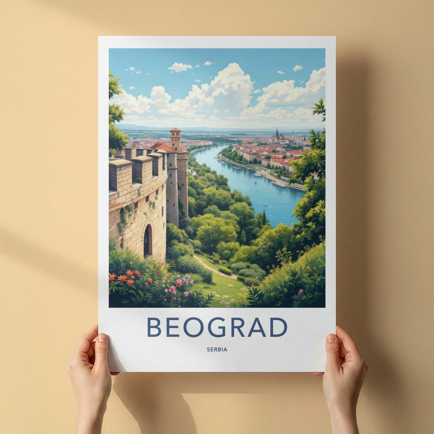 Beogard Poster - Serbia Travel Print - Fortress River Cityscape Home Decor