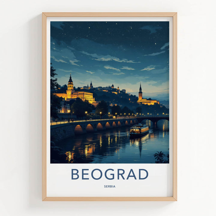 Beograd Poster - Serbia Travel Art - Illuminated Cityscape Boat Home Decor
