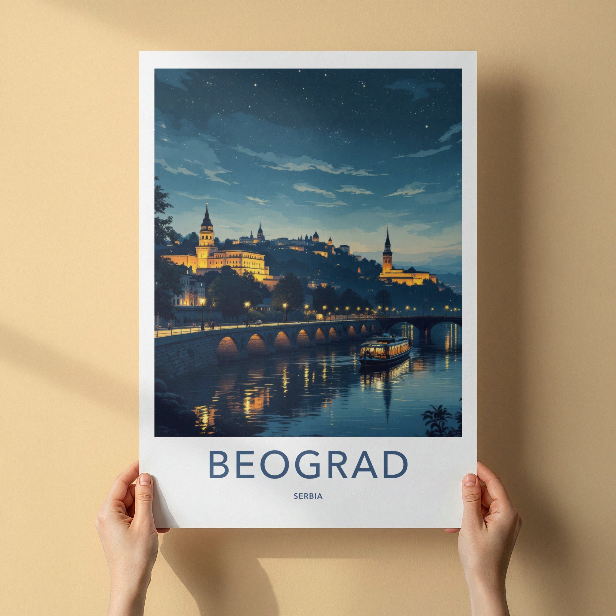 Beograd Poster - Serbia Travel Art - Illuminated Cityscape Boat Home Decor