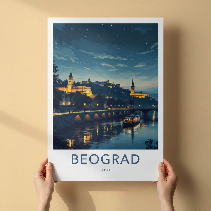 Beograd Poster - Serbia Travel Art - Illuminated Cityscape Boat Home Decor