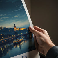 Beograd Poster - Serbia Travel Art - Illuminated Cityscape Boat Home Decor
