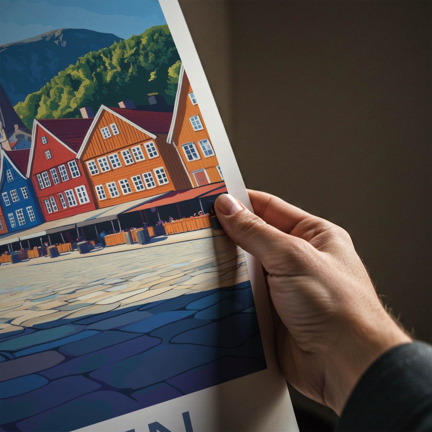 Bergen Poster - Norway Travel Art - Bright Harbor Mountains Home Decor