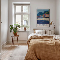 Bergen Poster - Norway Travel Art - Bright Harbor Mountains Home Decor