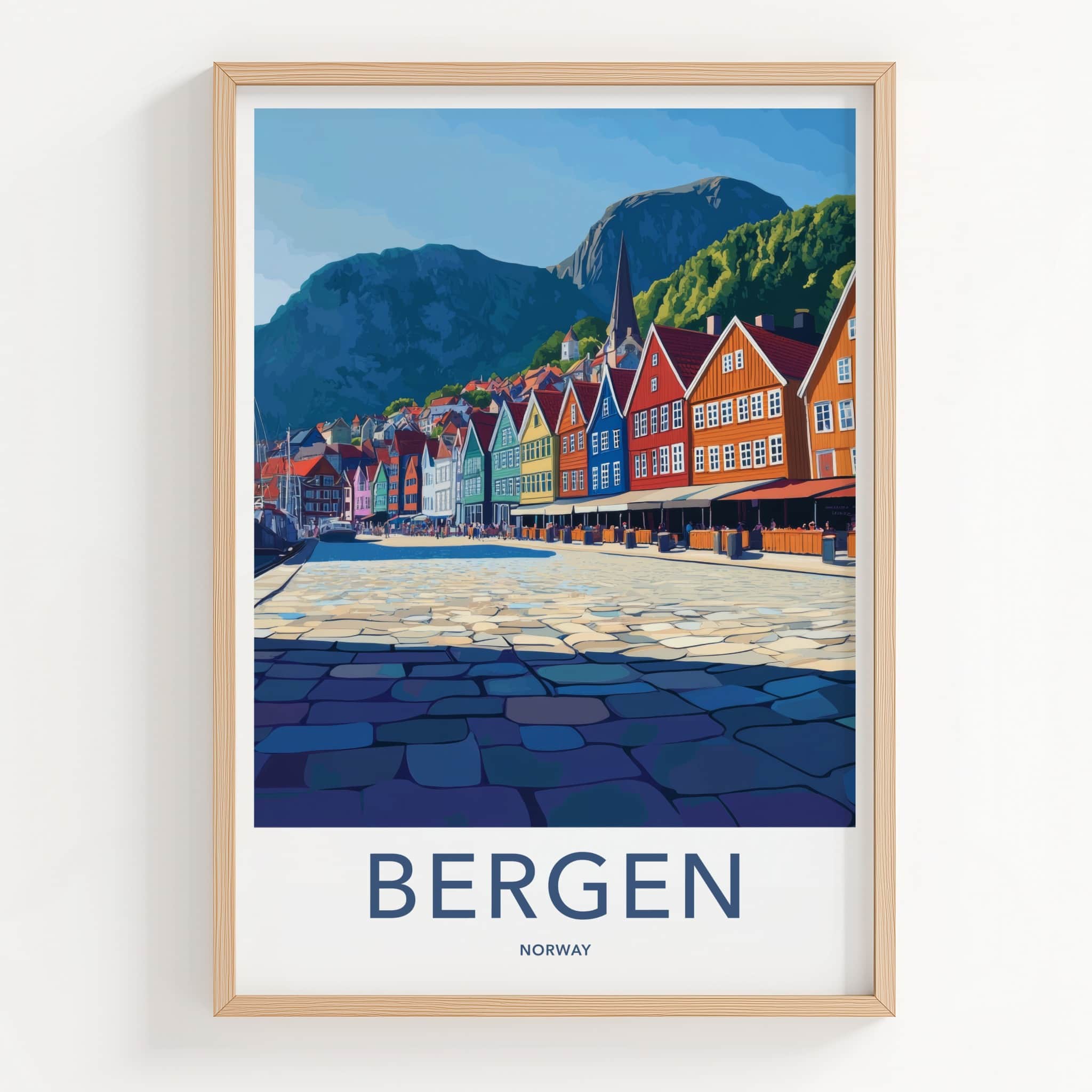 Bergen Poster - Norway Travel Art - Bright Harbor Mountains Home Decor