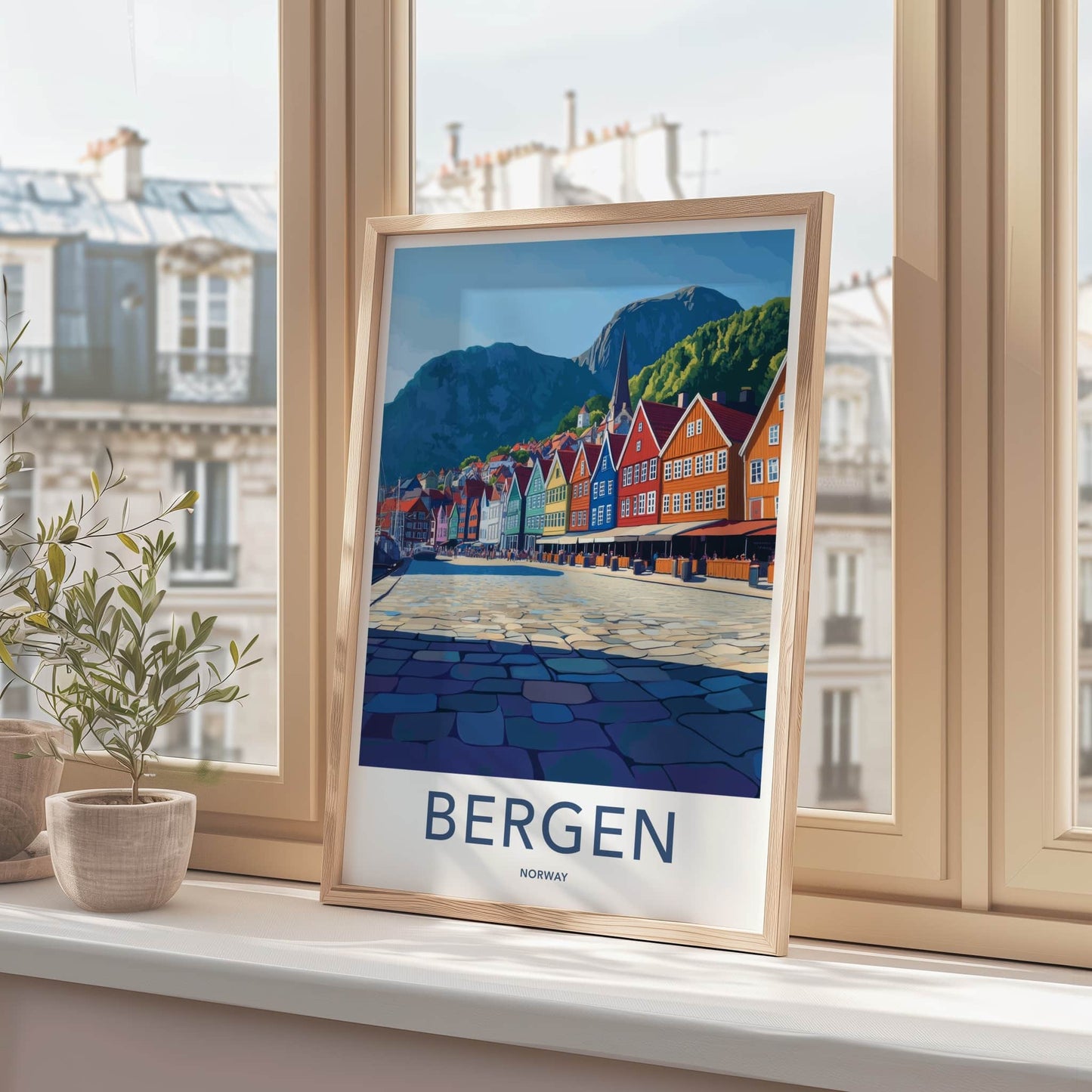Bergen Poster - Norway Travel Art - Bright Harbor Mountains Home Decor