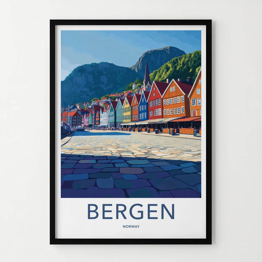 Bergen Poster - Norway Travel Art - Bright Harbor Mountains Home Decor