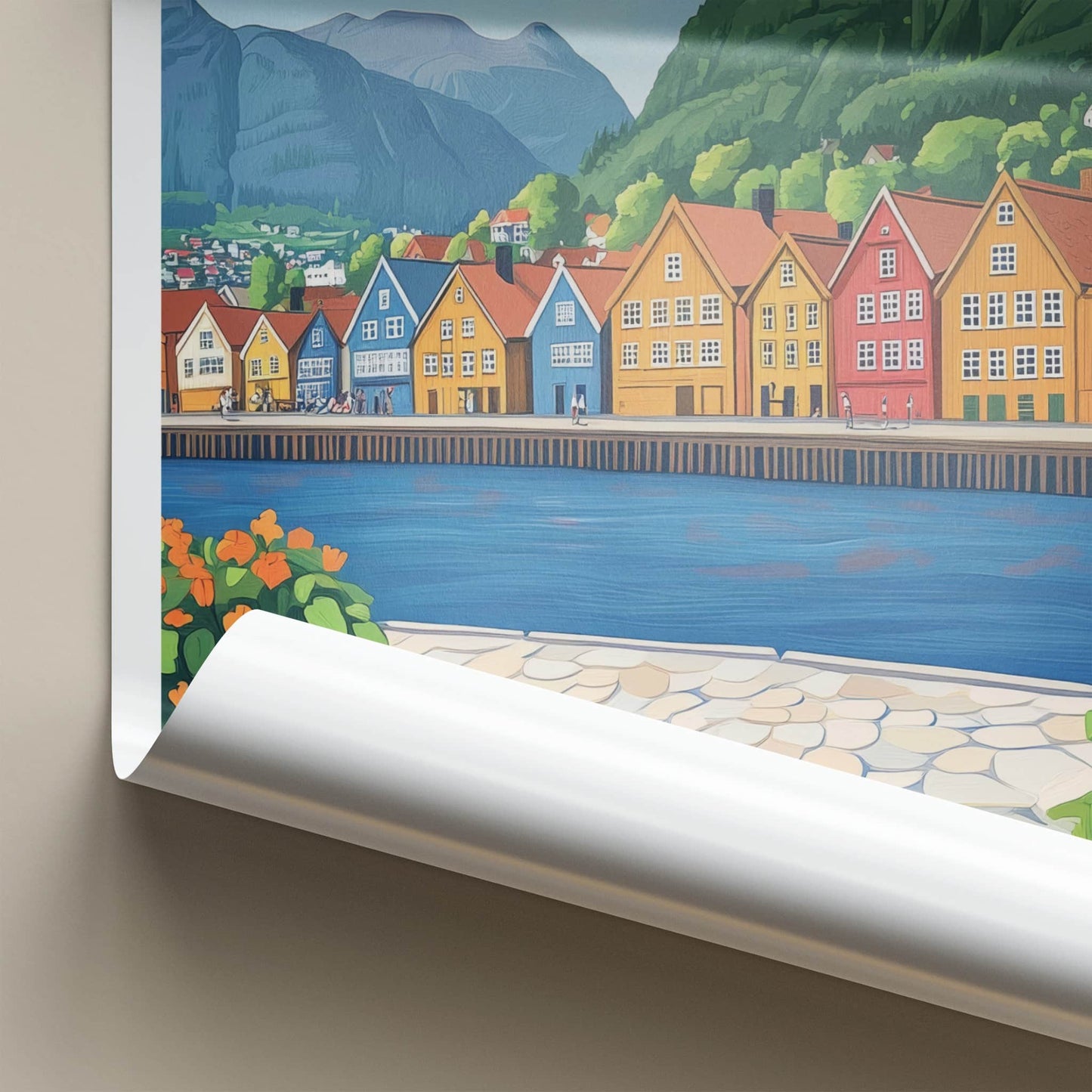 Bergen Poster - Norway Travel Art - Scenic Fjord Village Home Decor