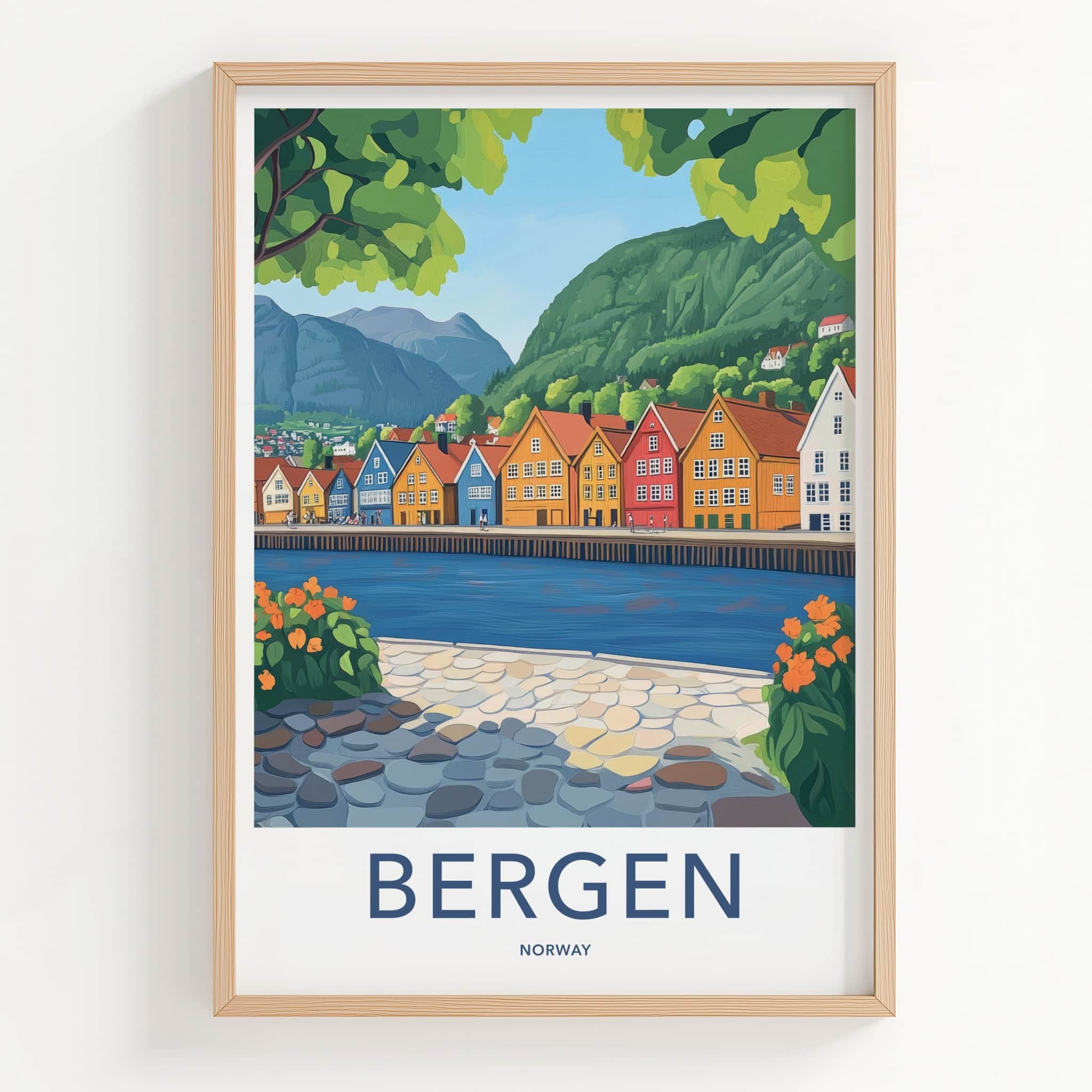 Bergen Poster - Norway Travel Art - Scenic Fjord Village Home Decor