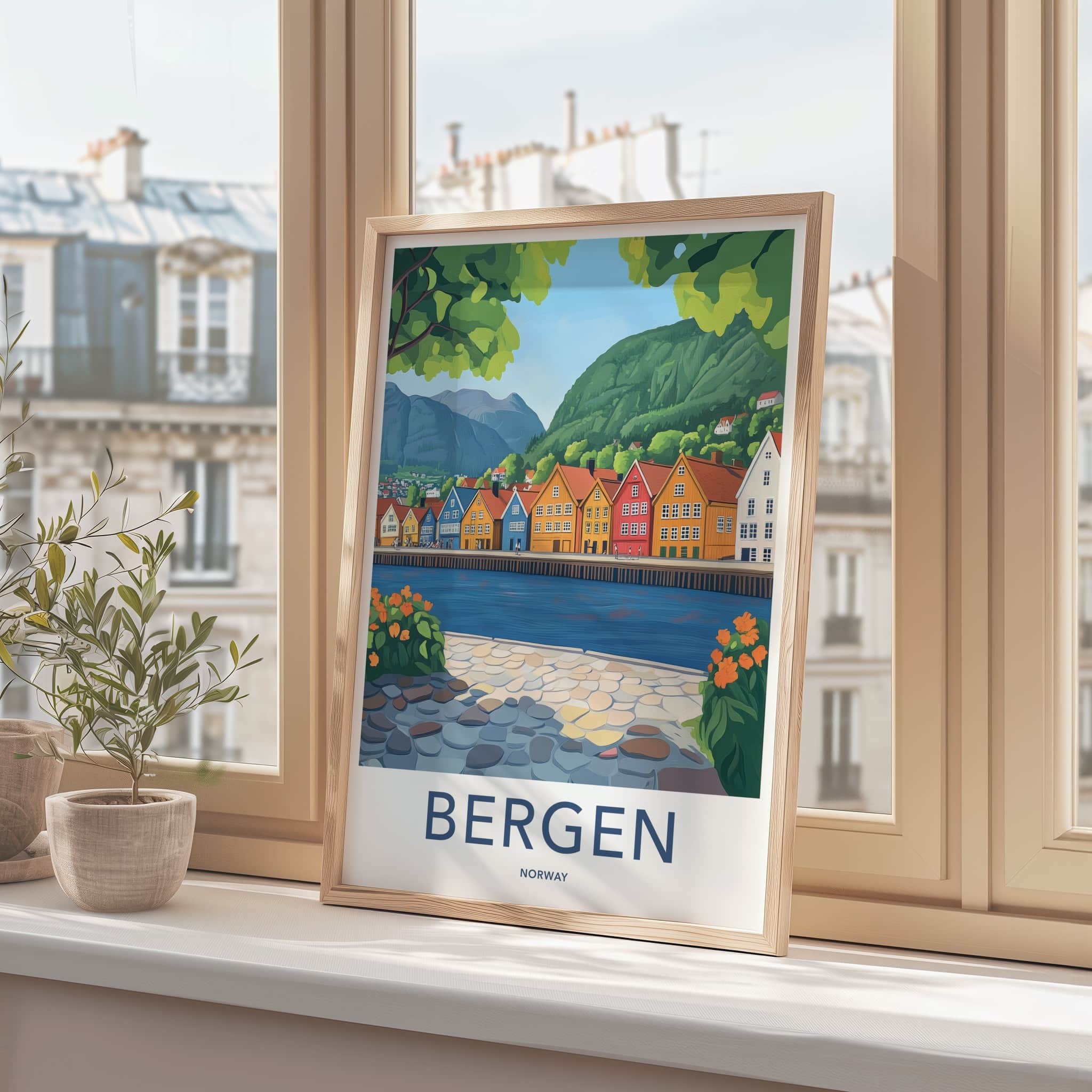 Bergen Poster - Norway Travel Art - Scenic Fjord Village Home Decor