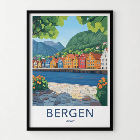 Bergen Poster - Norway Travel Art - Scenic Fjord Village Home Decor