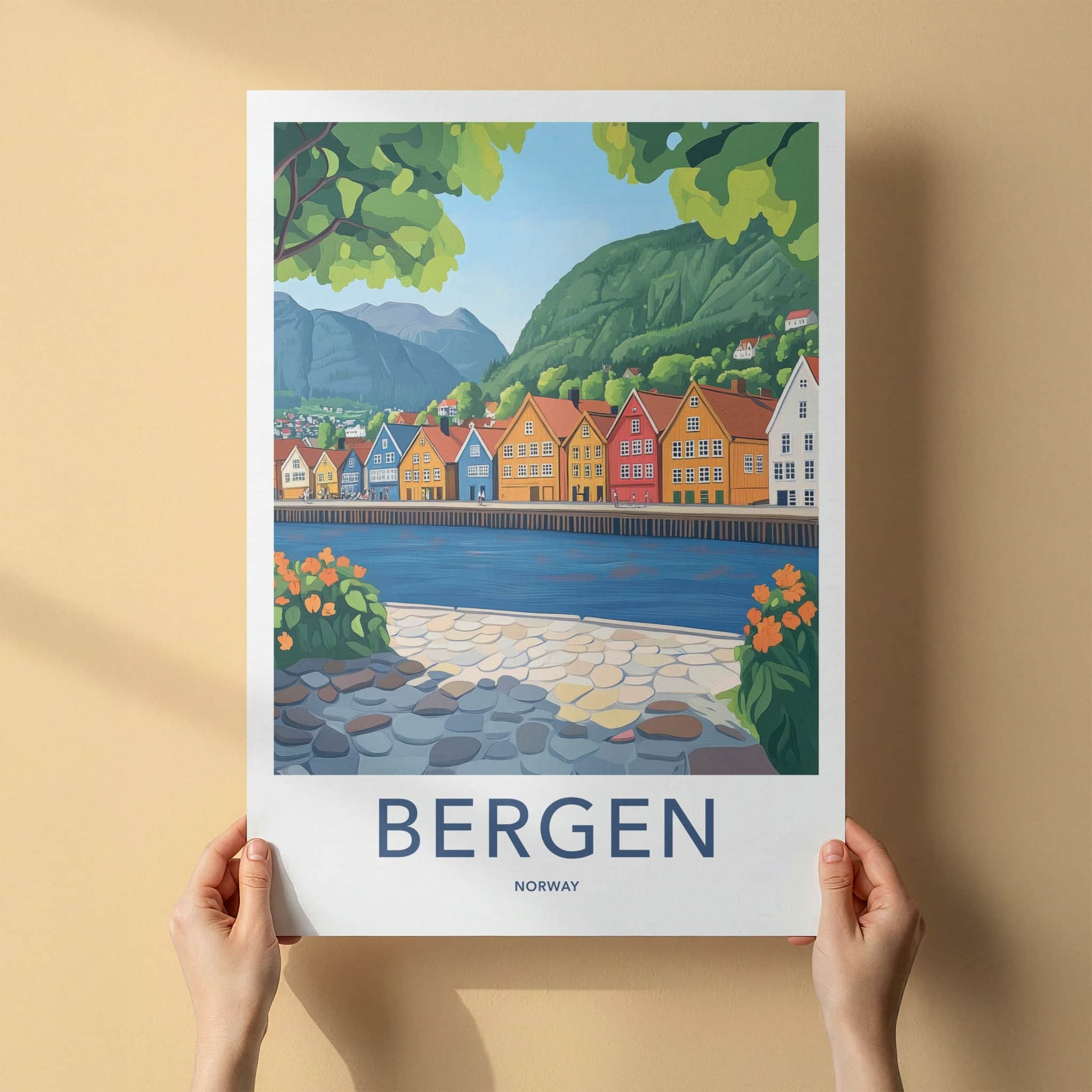 Bergen Poster - Norway Travel Art - Scenic Fjord Village Home Decor