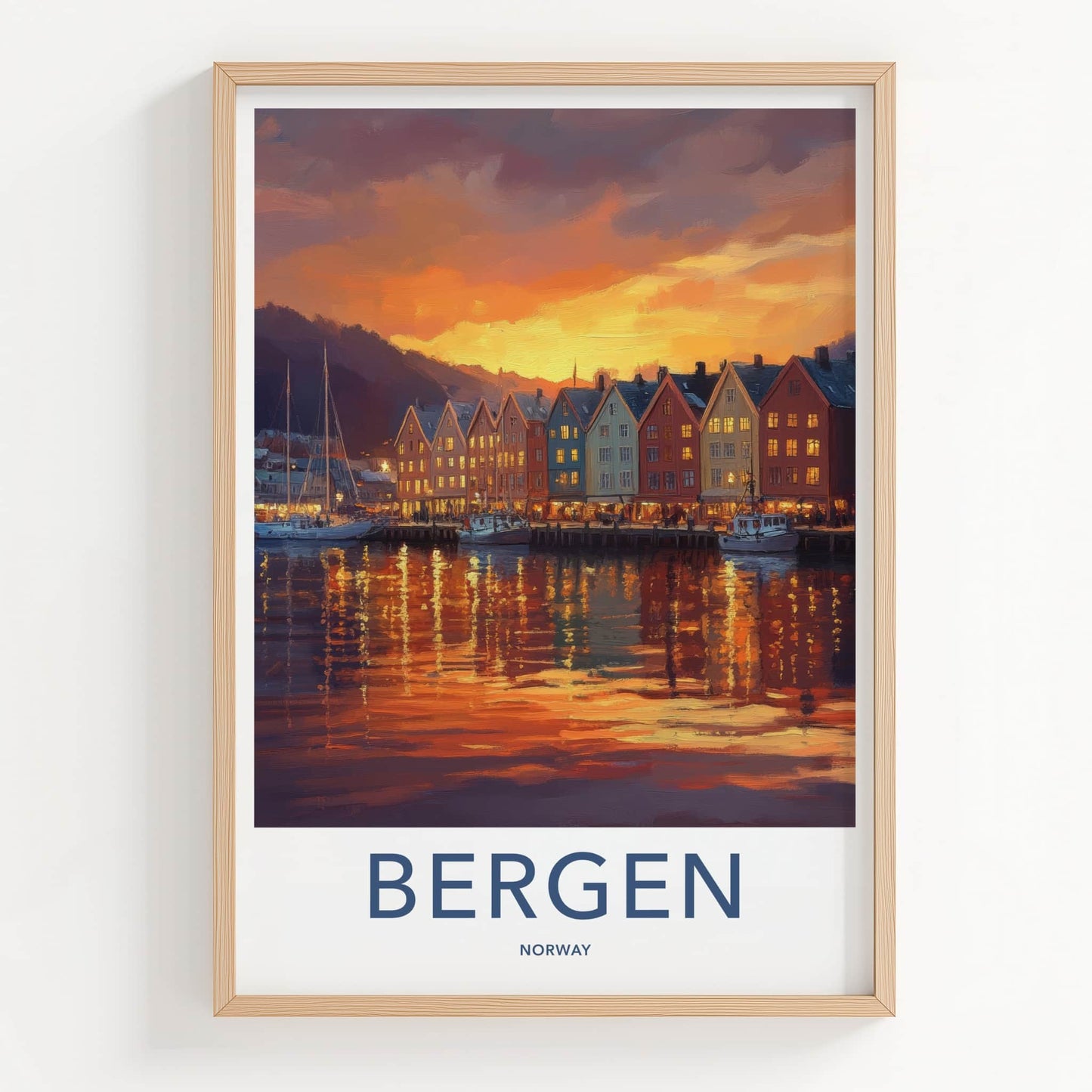 Bergen Poster - Norway Travel Print - Sunset Harbor Town Home Decor