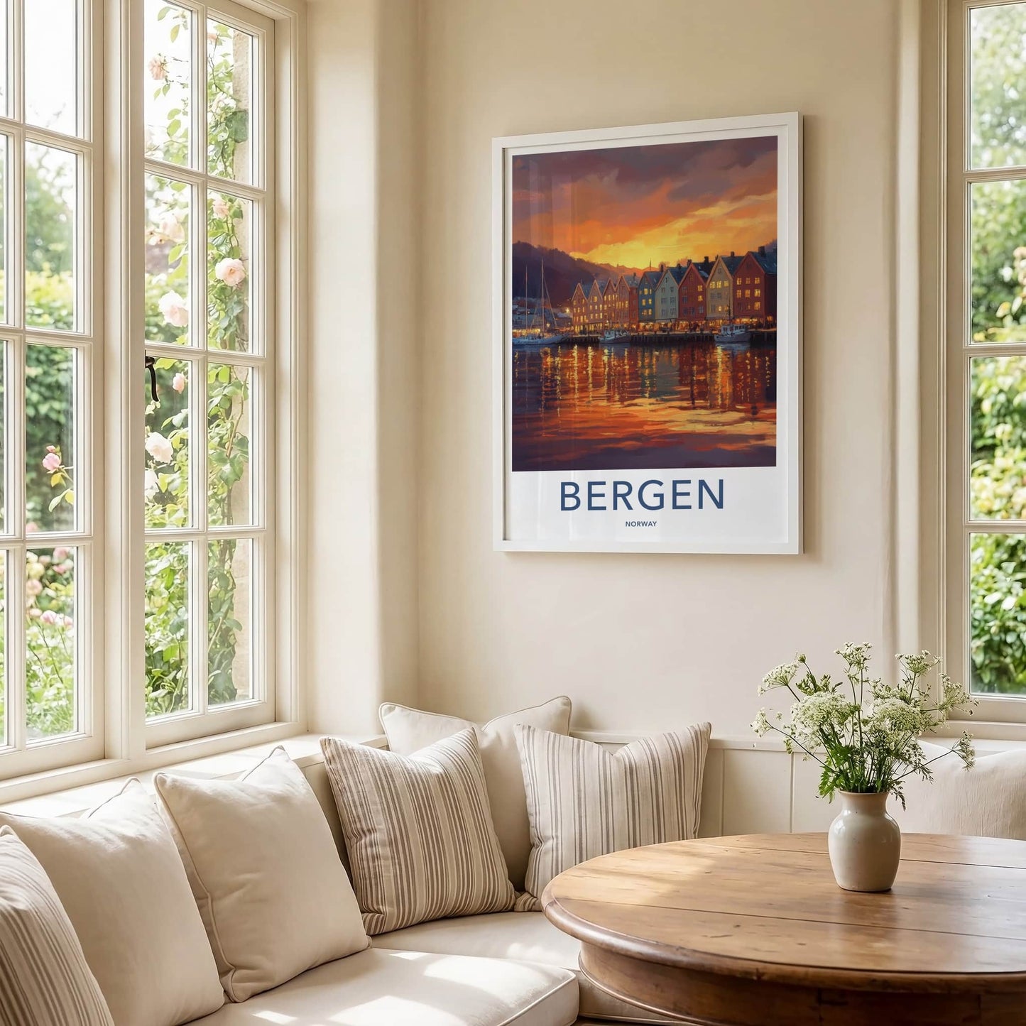 Bergen Poster - Norway Travel Print - Sunset Harbor Town Home Decor