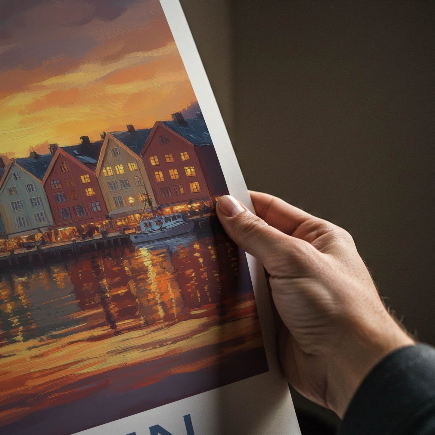 Bergen Poster - Norway Travel Print - Sunset Harbor Town Home Decor