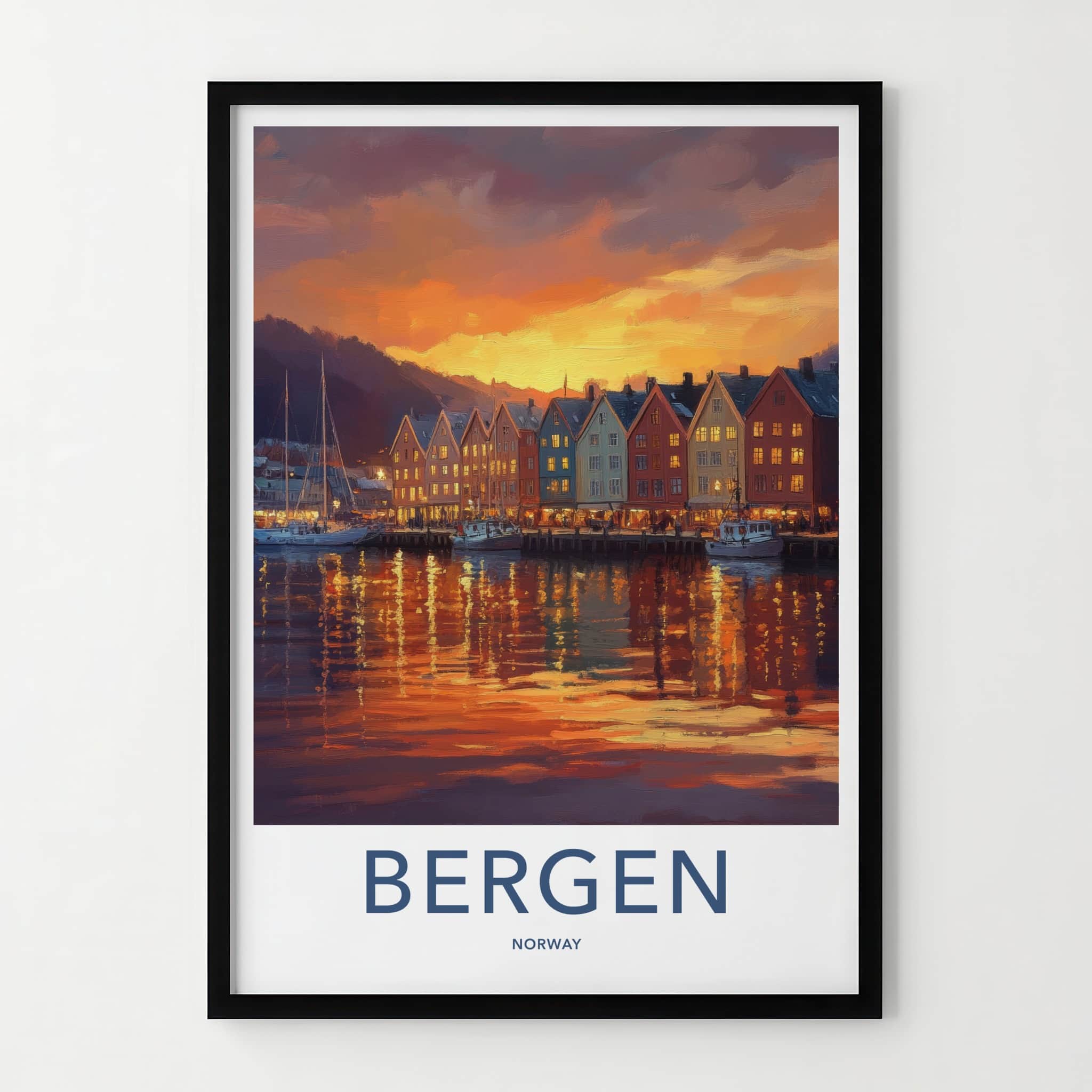 Bergen Poster - Norway Travel Print - Sunset Harbor Town Home Decor