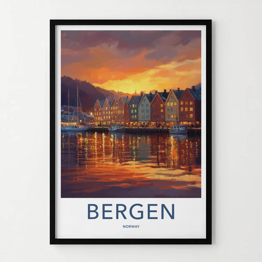 Bergen Poster - Norway Travel Print - Sunset Harbor Town Home Decor